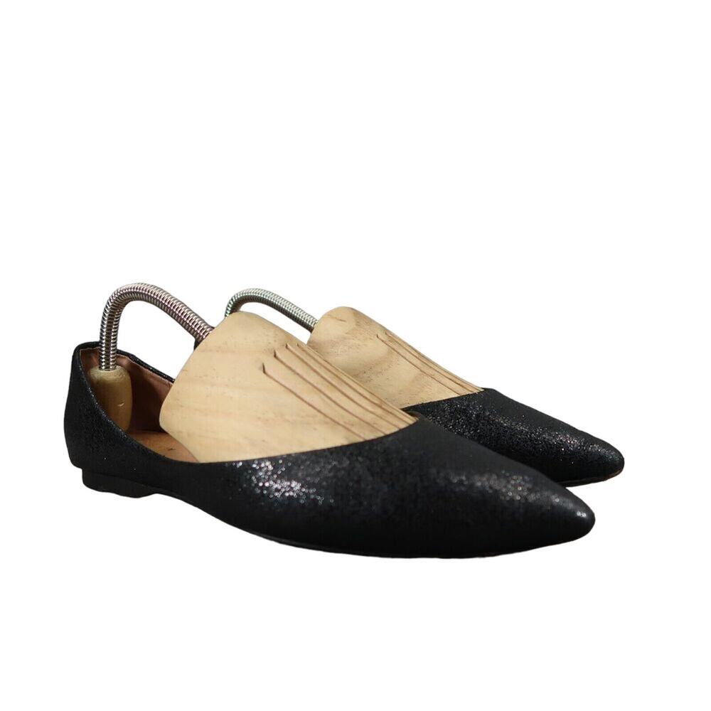 All Black Shoes Womens 38.5 Flats Fashion Skimmers Leather Shimmer Black Pointy